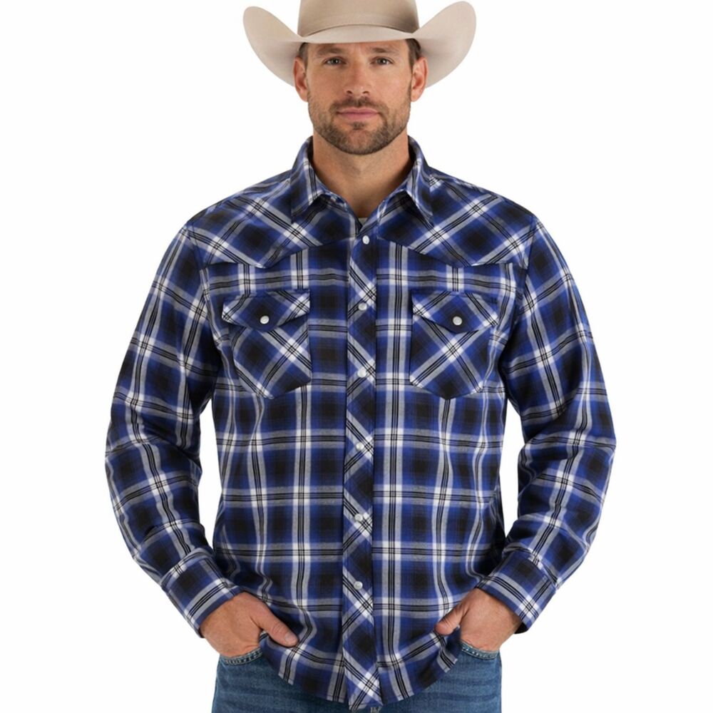 Wrangler Western Pearl Snap Shirt Mens Sz XL Plaid Blue Black Long Sleeve Rodeo